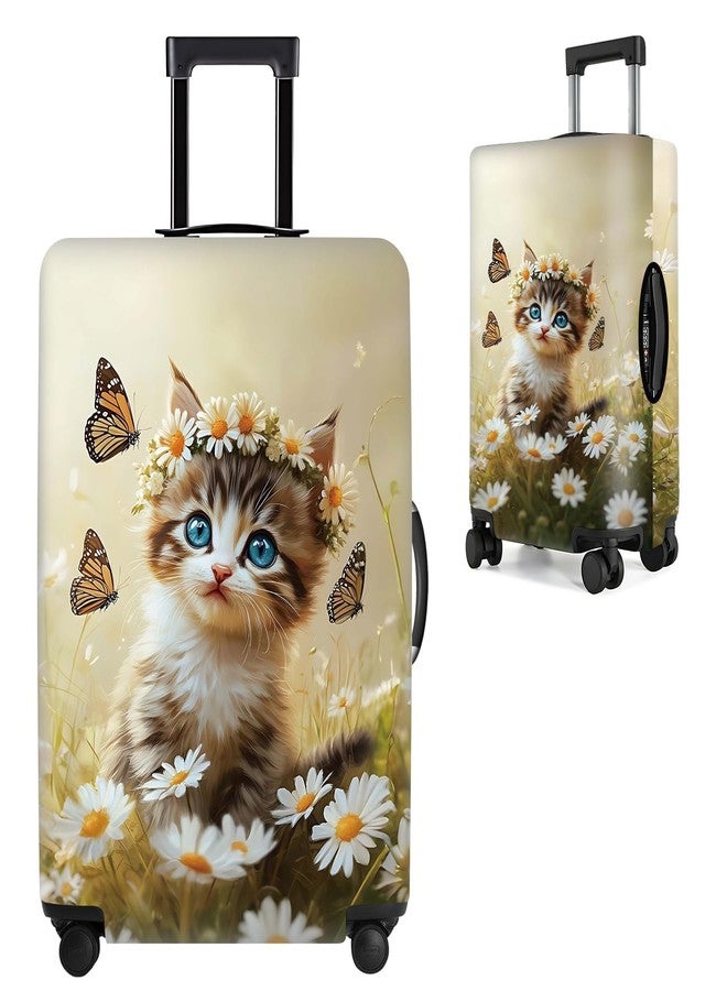 THISFIND Cute Cat and Butterflies Luggage Cover for 24-26 Inch Suitcase - Colorful Floral Travel Protector with Daisy and Meadow Design - Stretch Washable Luggage Sleeve,M - Image 1